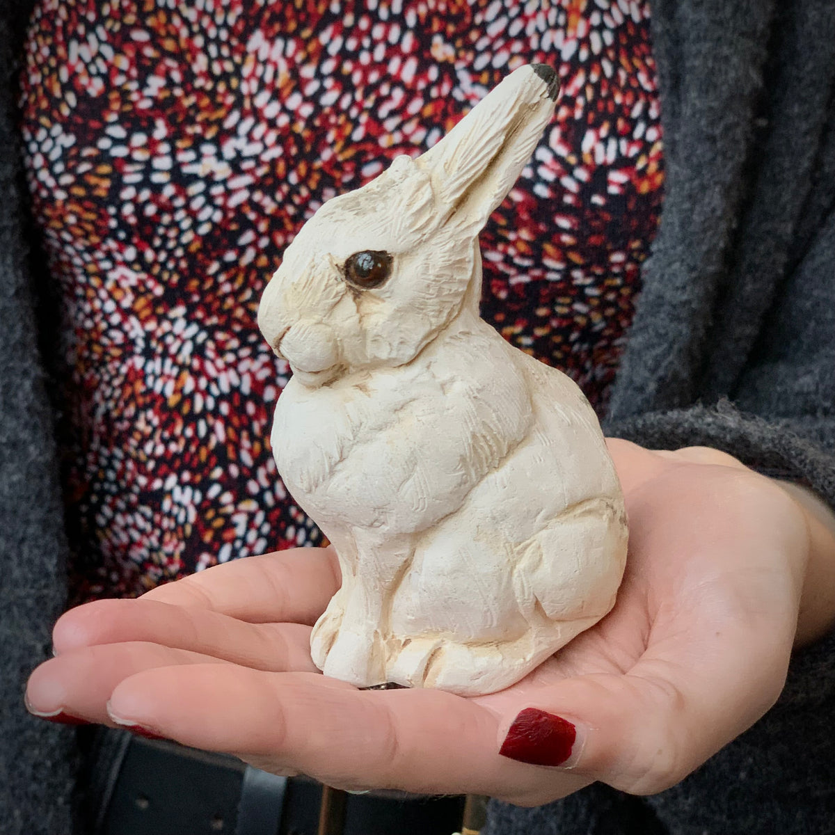 Sitting ceramic white rabbit sculpture