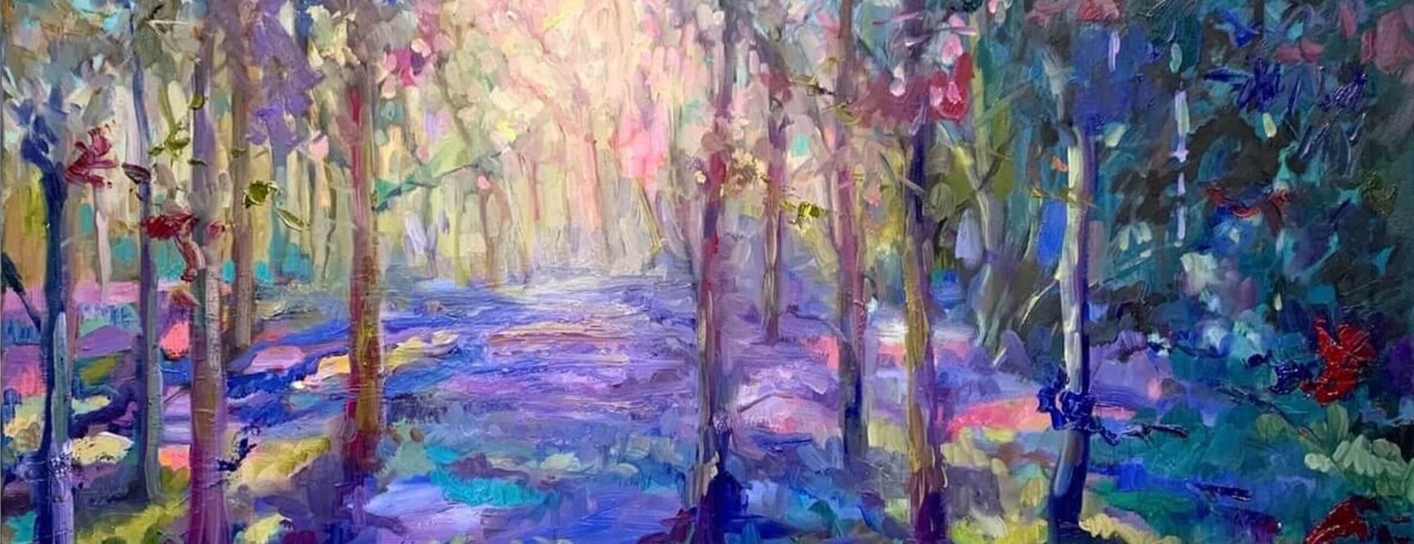 Sue Gardner bluebells in the forest oil painting, available at Ferrers Gallery.