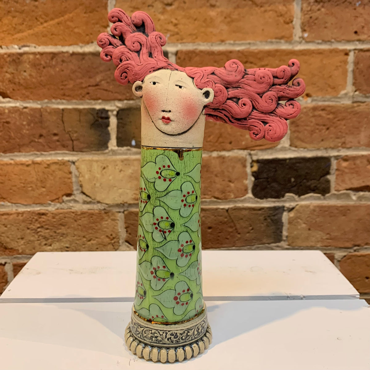 Ceramic Sarah Saunders Sculpture - Pink Haired Lady