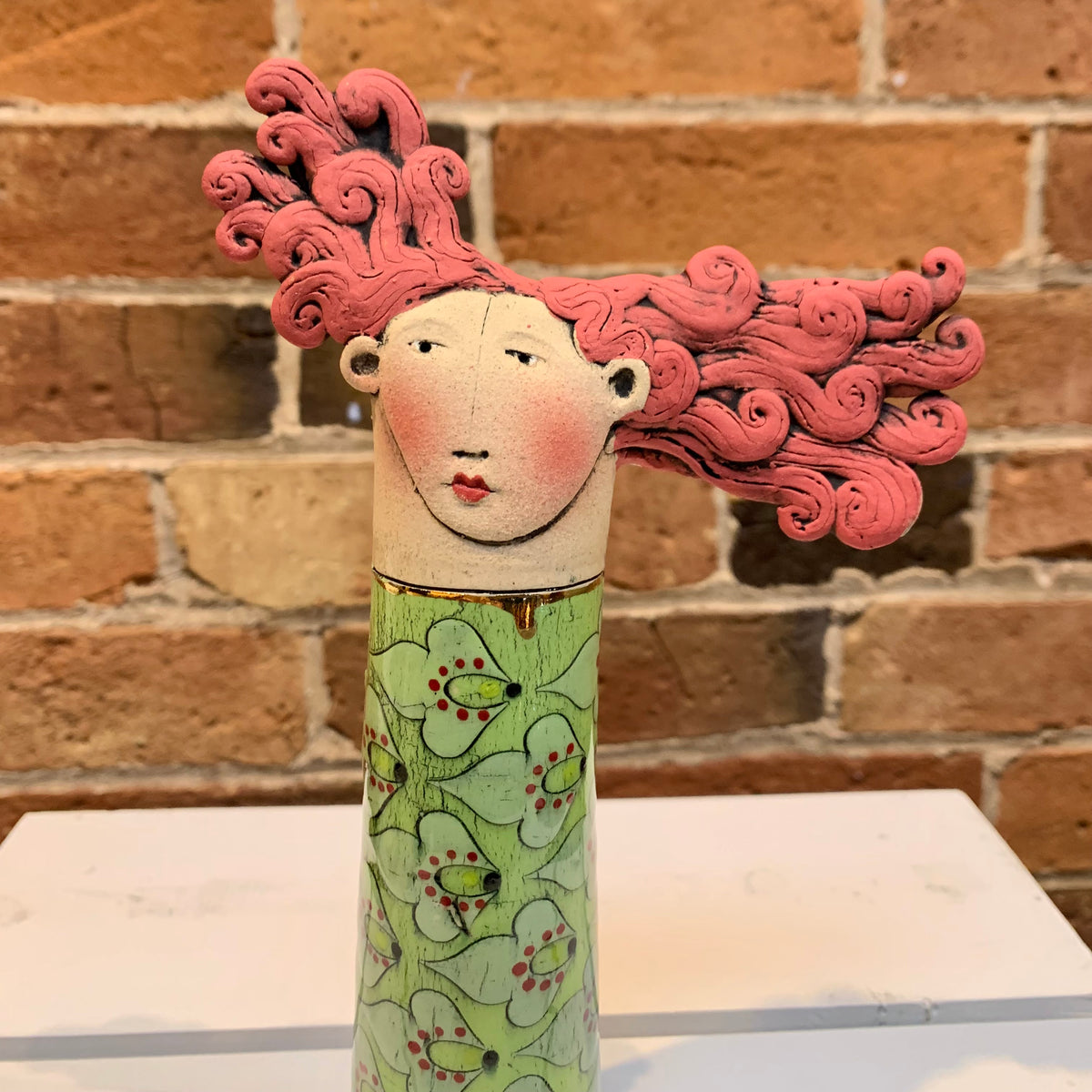 Ceramic Sarah Saunders Sculpture - Pink Haired Lady