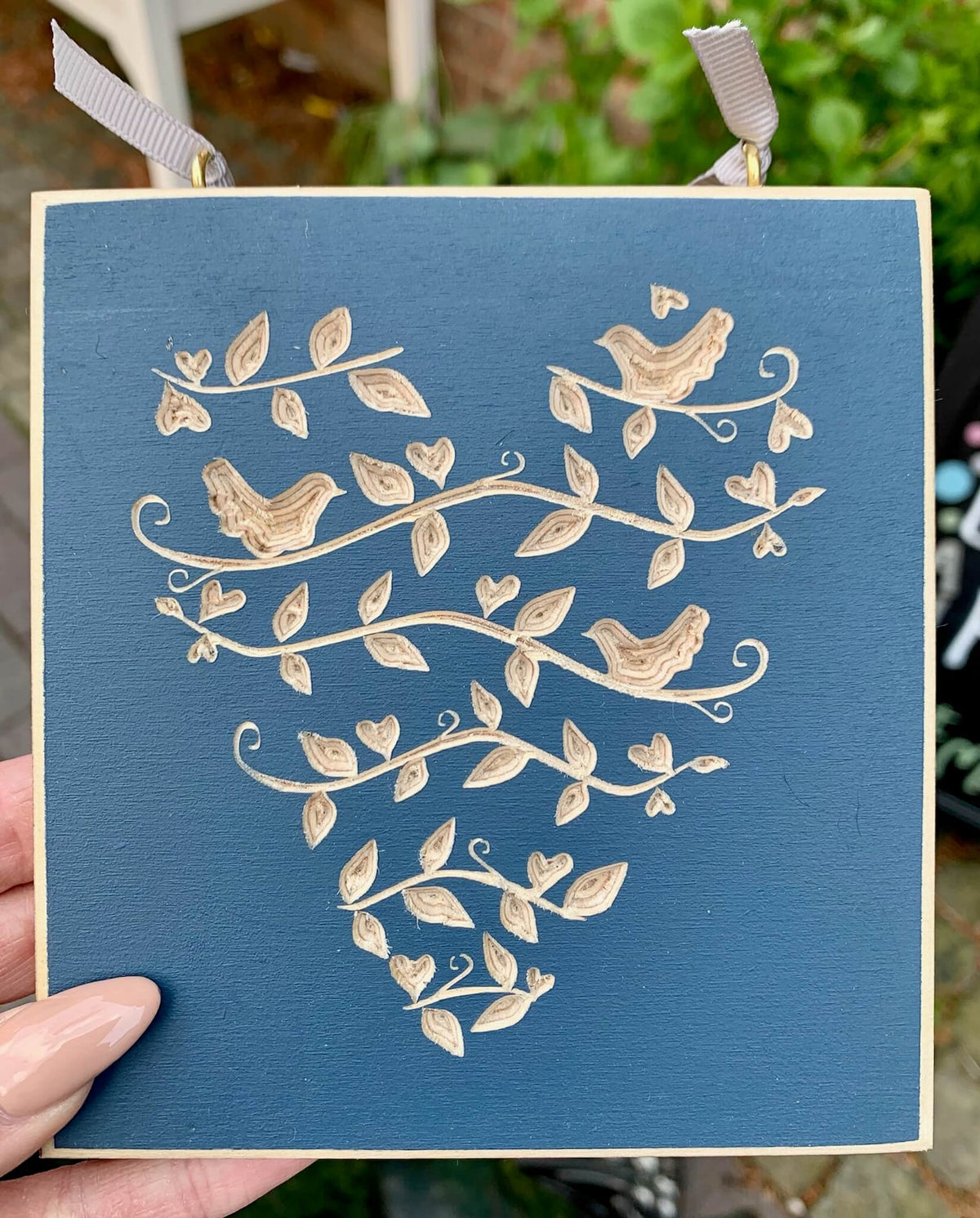 Handmade wooden heart and bird plaque - Midnight blue