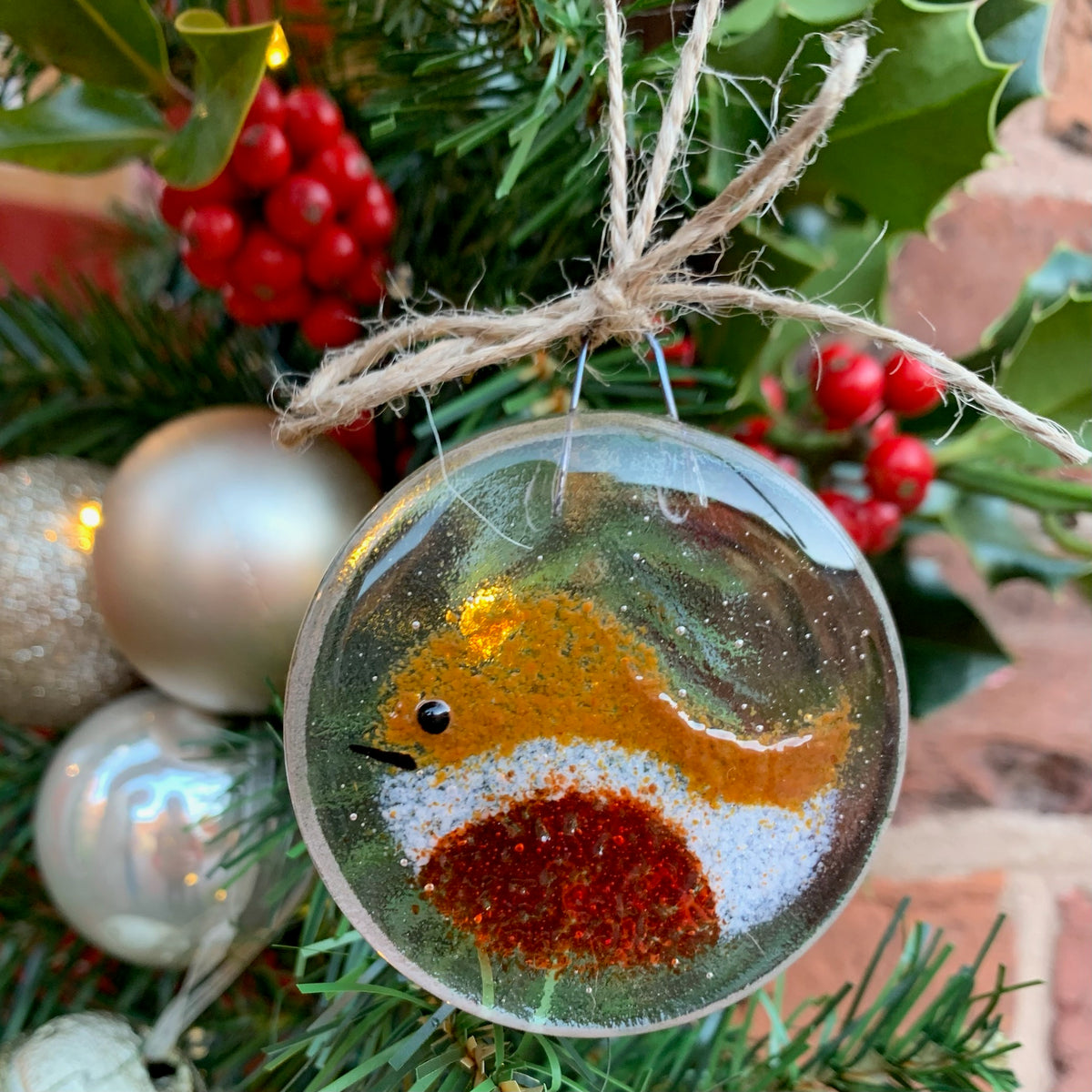 Handmade Glass Robin Christmas Bauble