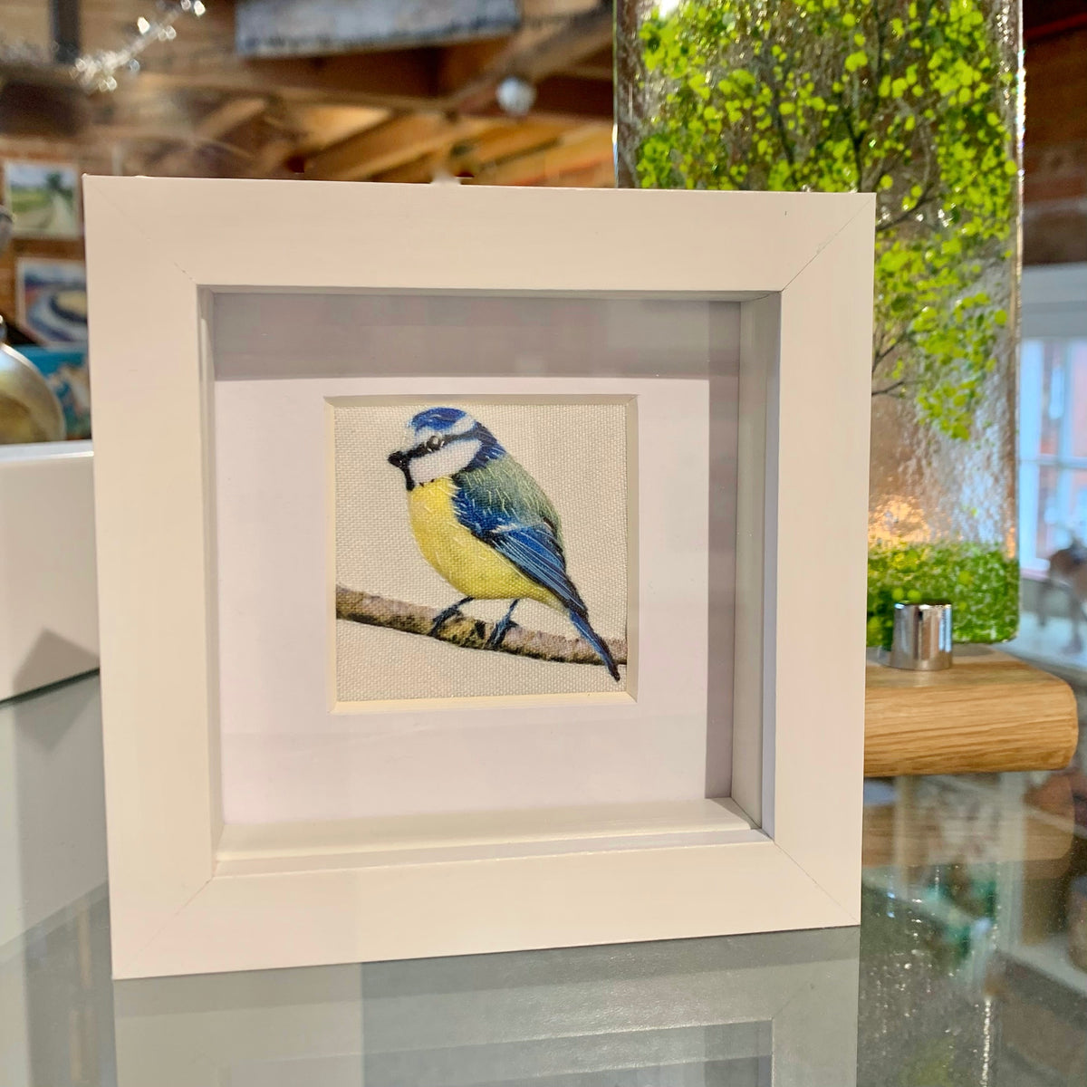 Embroidered blue tit in box frame