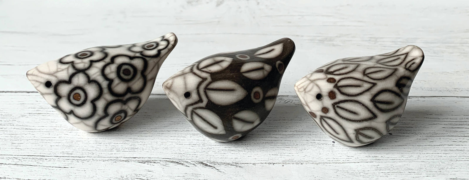 Raku birds by Debbie Barber at Ferrers Gallery