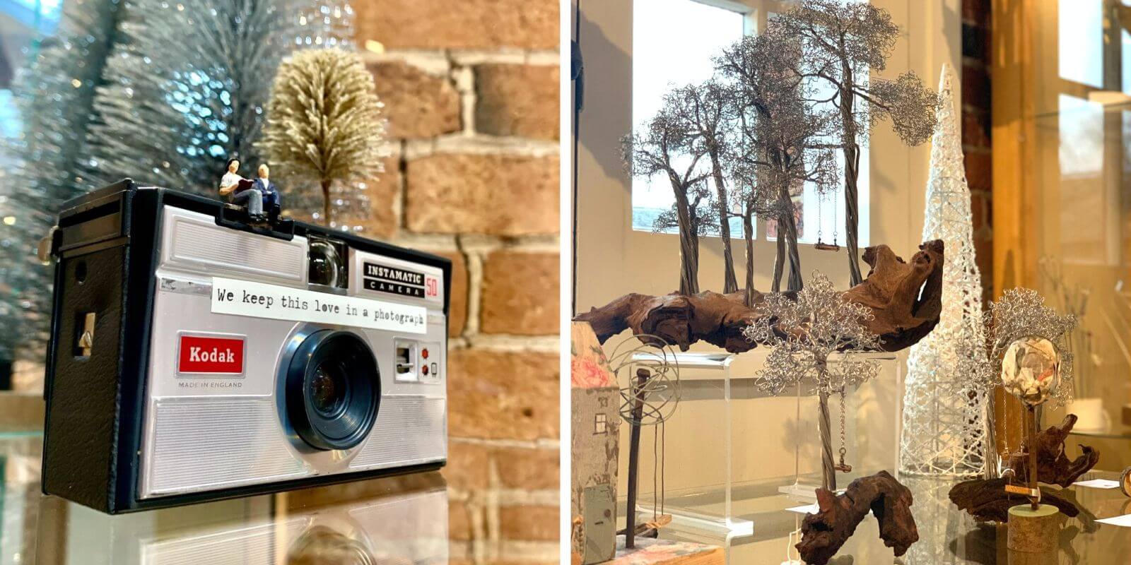 Ferrers Gallery 'Past and Present' exhibition images, featuring Rhubarb Tree's reclaimed old camera sculpture and Lynne Littler's wire tree sculptures.