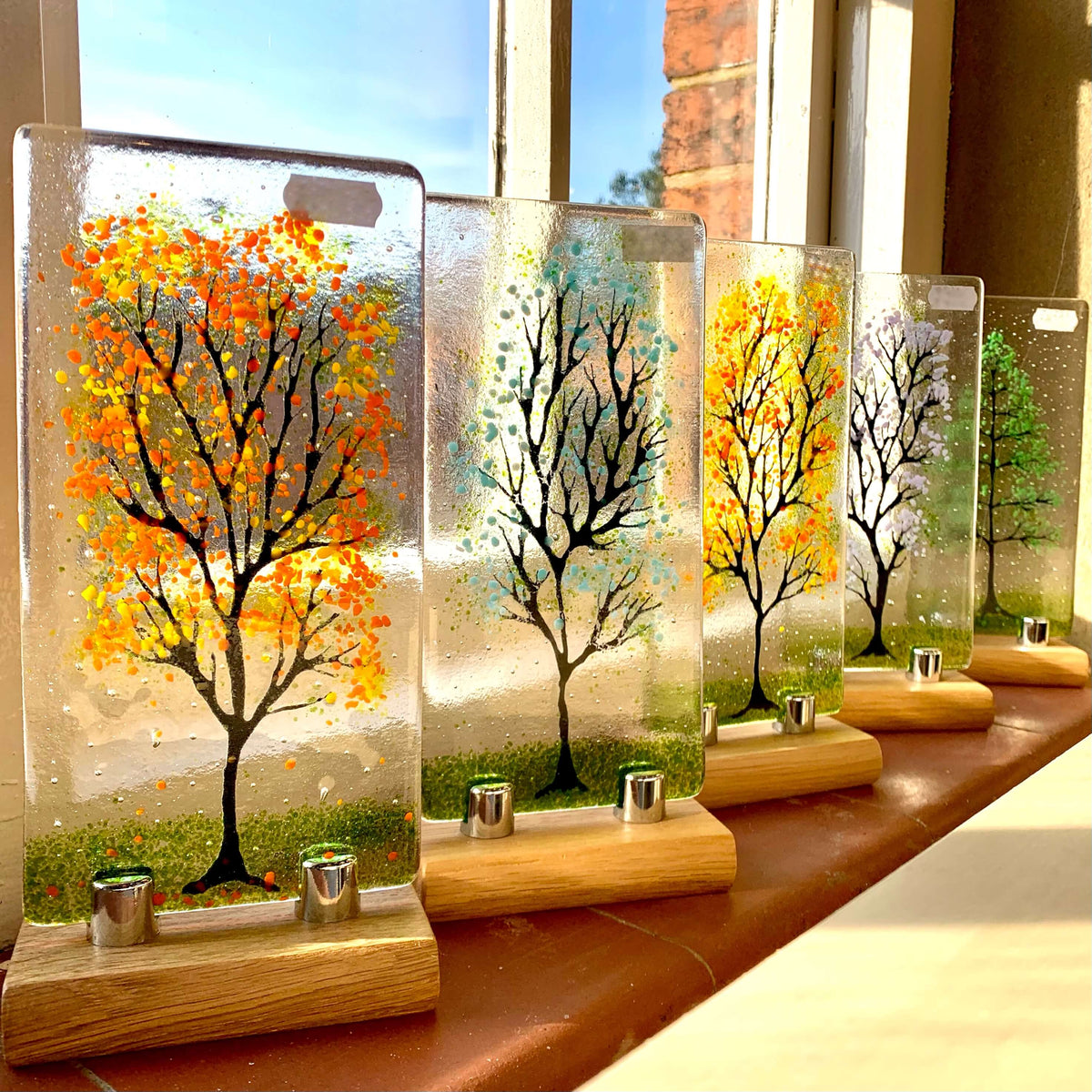 Handcrafted Fused Glass Tree in Oak Base