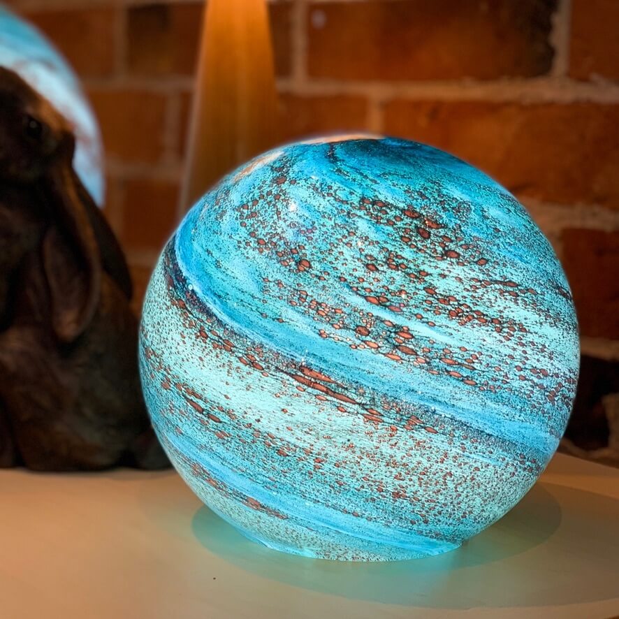 Blue fused glass orb light, beautiful handcrafted available at Ferrers Gallery.