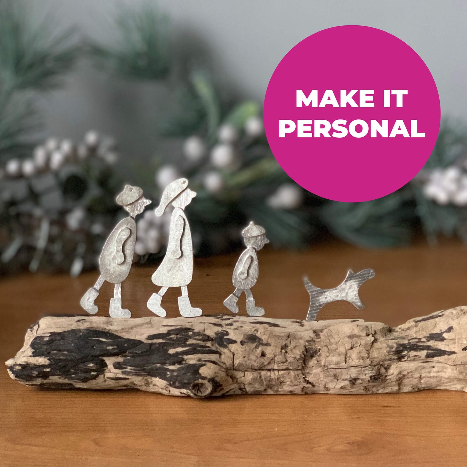 Personalised driftwood and pewter handmade sculptural piece.