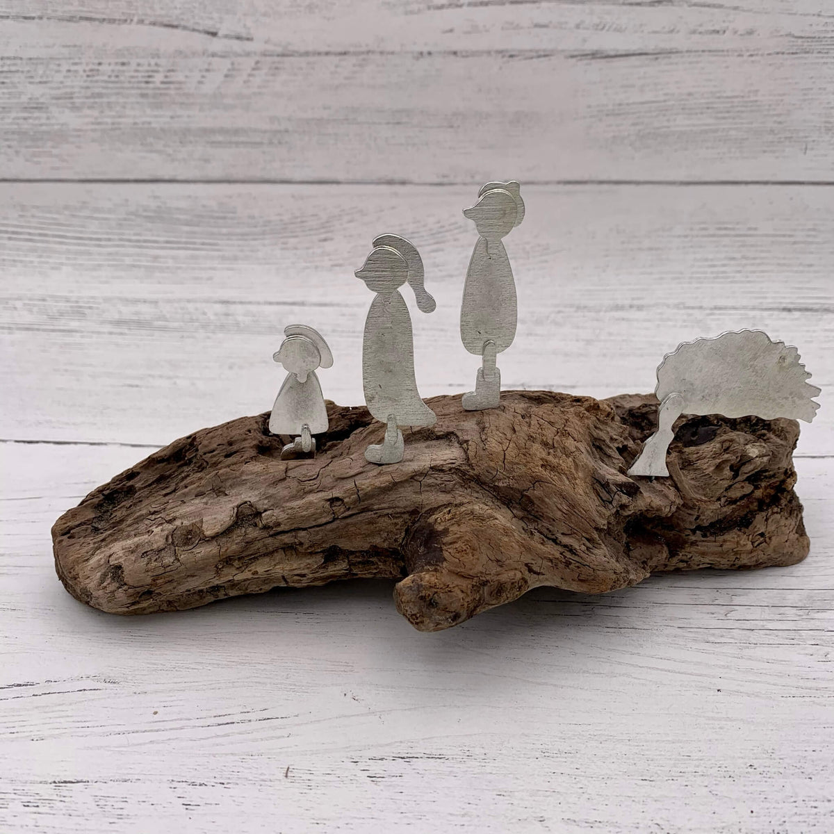 Personalised driftwood and pewter handmade sculptural piece.